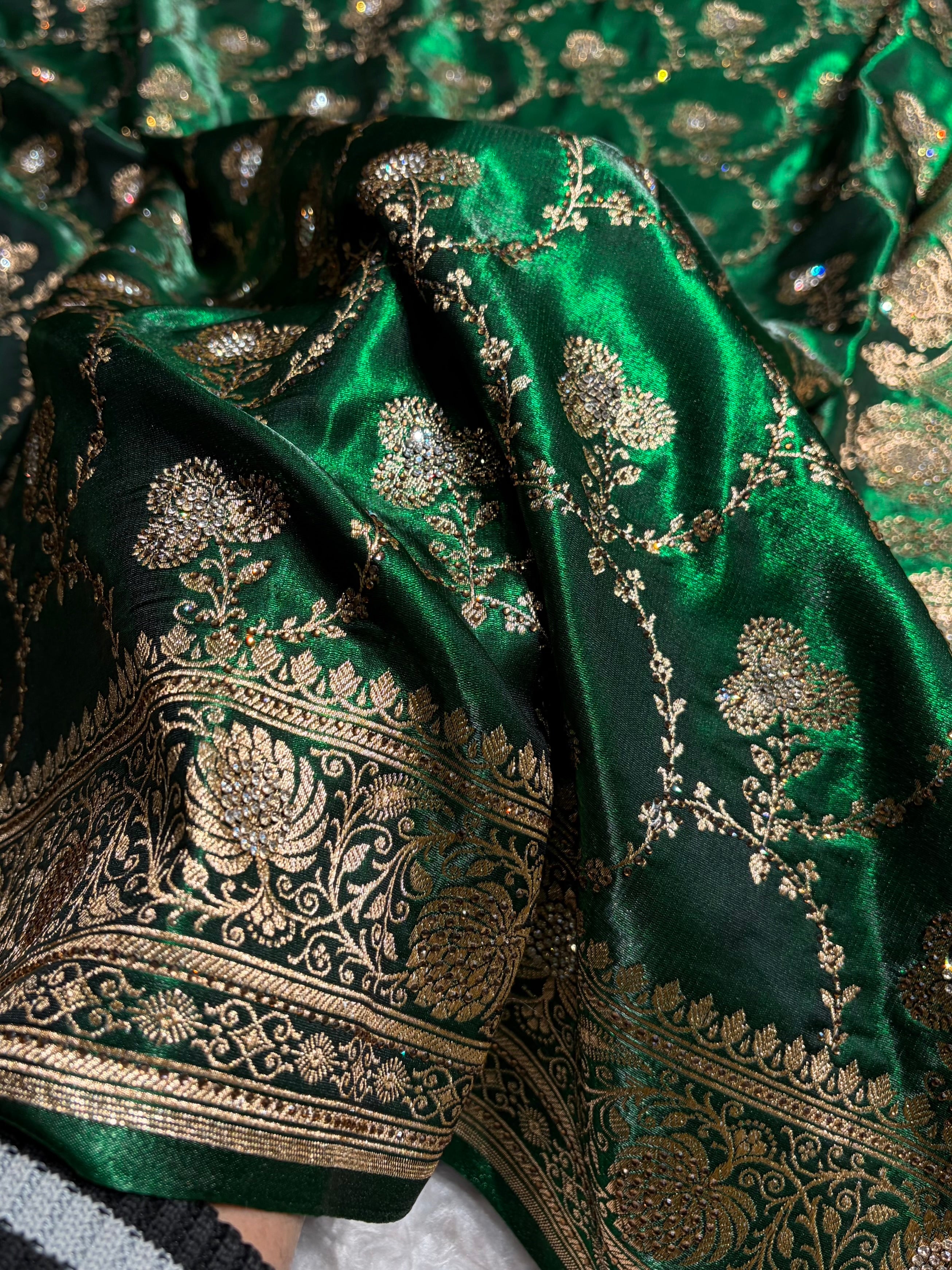 Satin Silk Saree Banarasi Swarovski Work Jaal in Bottle Green Shades BSS23 (R)