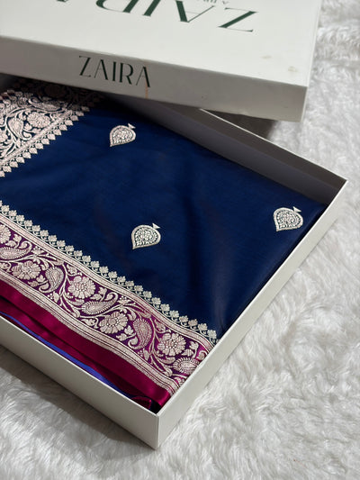 Contrast Navy Blue / Rani Shades Banarasi Booti Pattern Mashru Silk Saree MSM-140