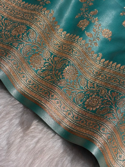 Sea Blue Shades Banarasi  Cross Jaal Satin Silk Saree SS11