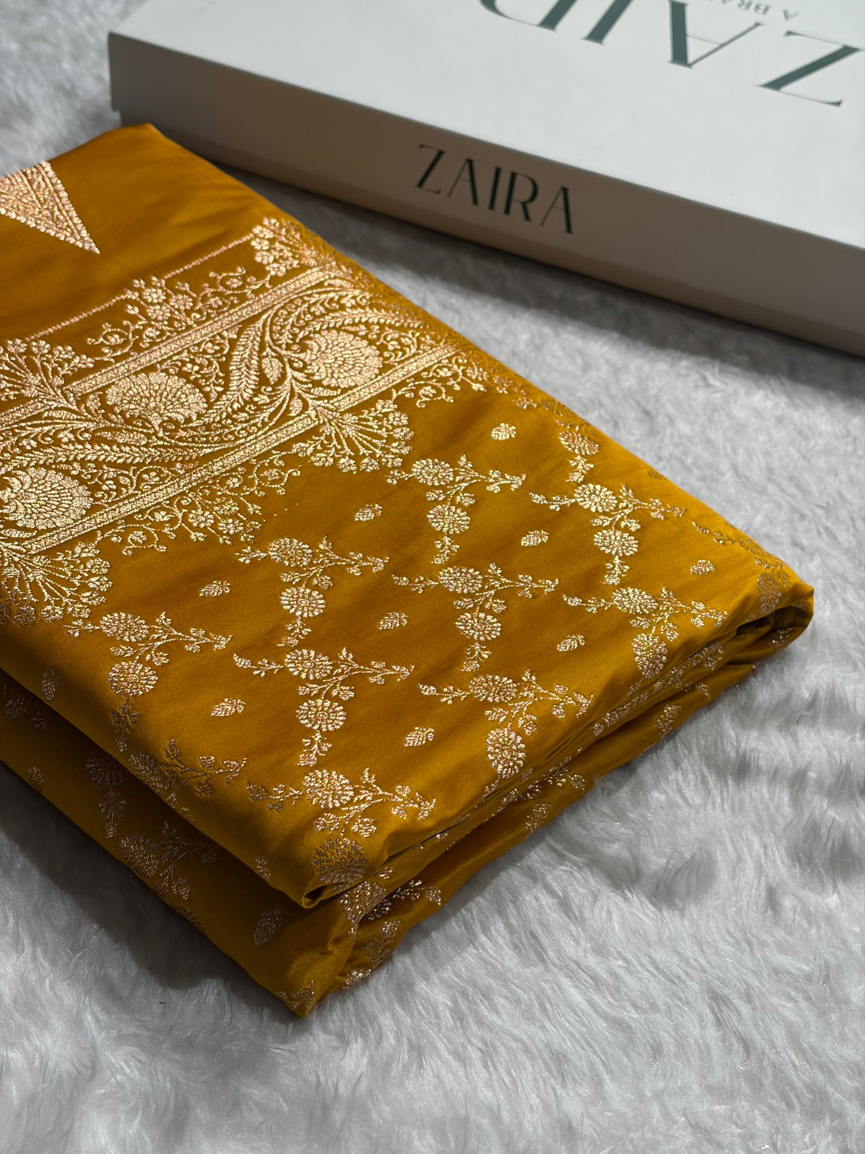 Banarasi Satin Katan Saree Jaal Pattern In Mustard Shades SK133