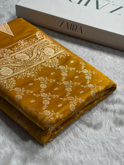 Banarasi Satin Katan Saree Jaal Pattern In Mustard Shades SK133