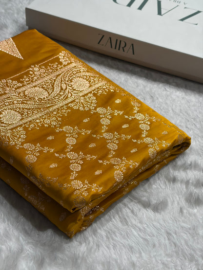 Banarasi Satin Katan Saree Jaal Pattern In Mustard Shades SK133