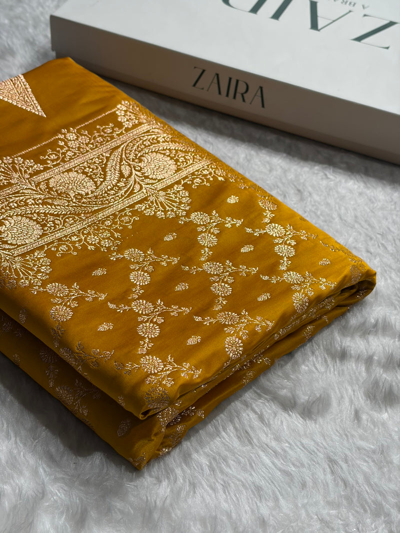 Banarasi Satin Katan Saree Jaal Pattern In Mustard Shades SK133