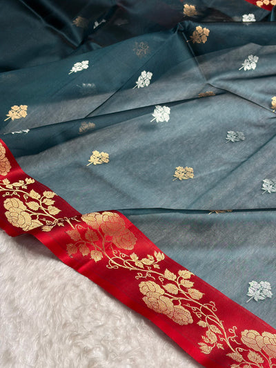 Contrast Pure Banarasi Organza Dark Rama With Maroon Floral Banarasi Silk Saree PO-13