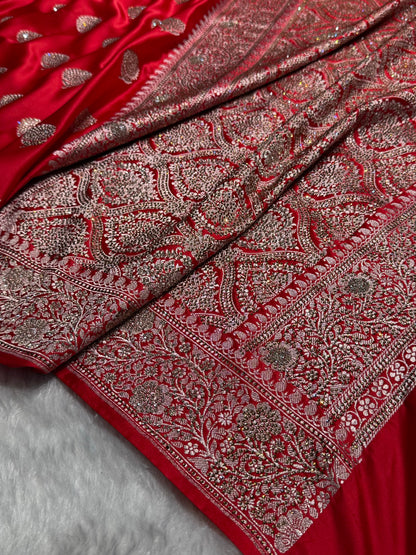 Red Tree Boota With Swarovski Work Mashru Silk Saree BMS19
