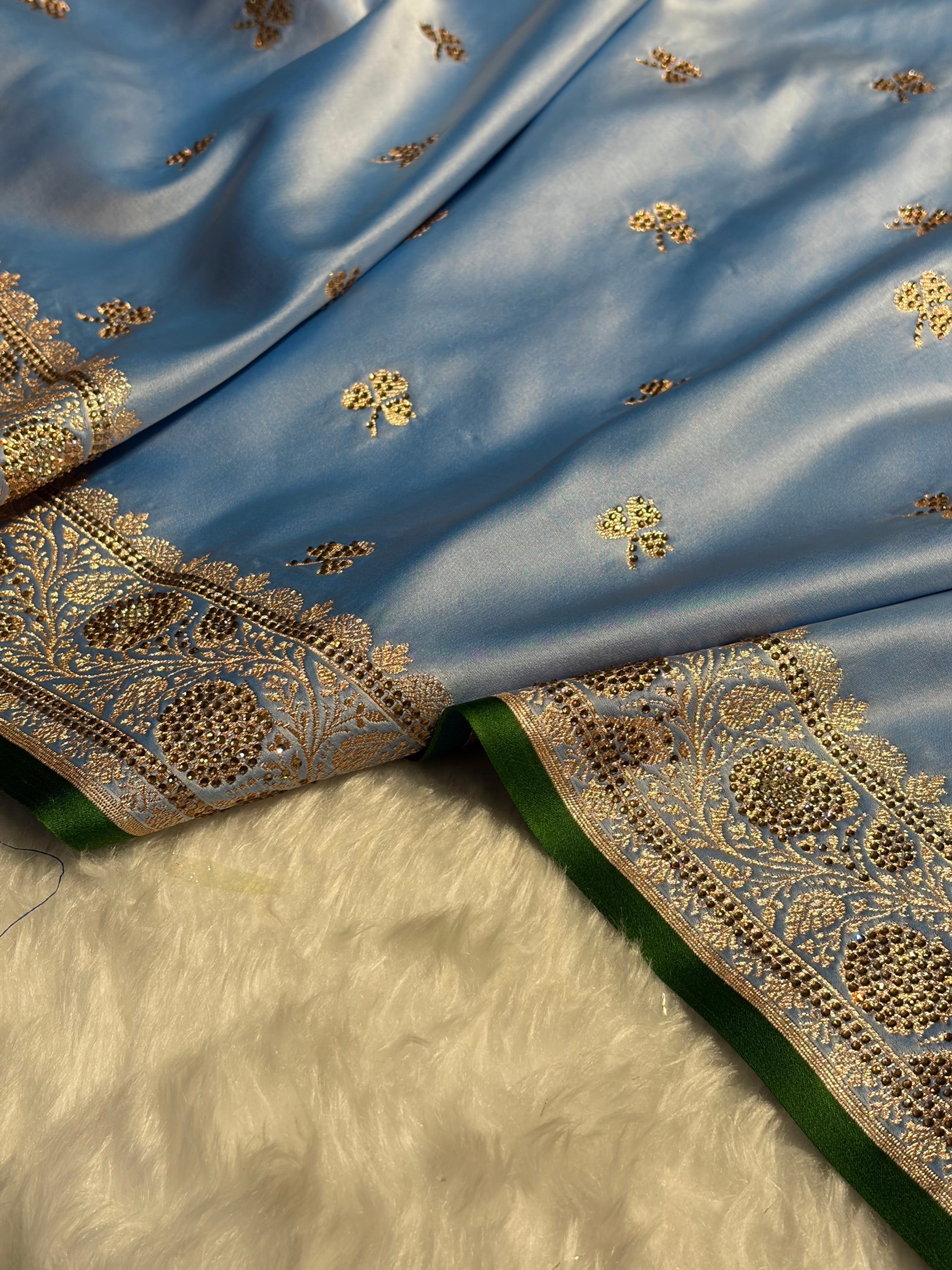 Sky Blue Booti With Swarovski Work Katan Silk Saree BSK09