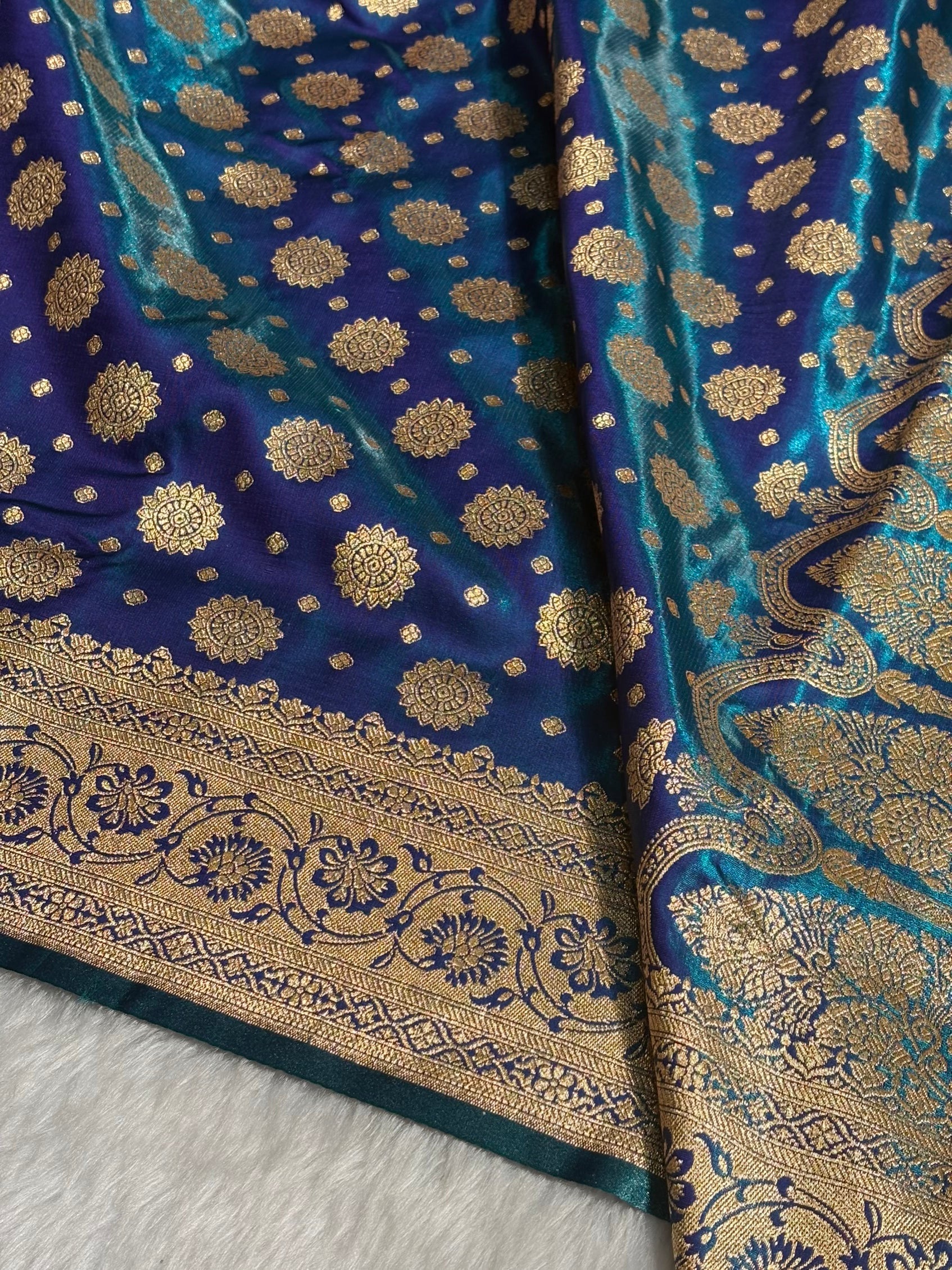 Satin Silk Booti Boota in Peacock SS09