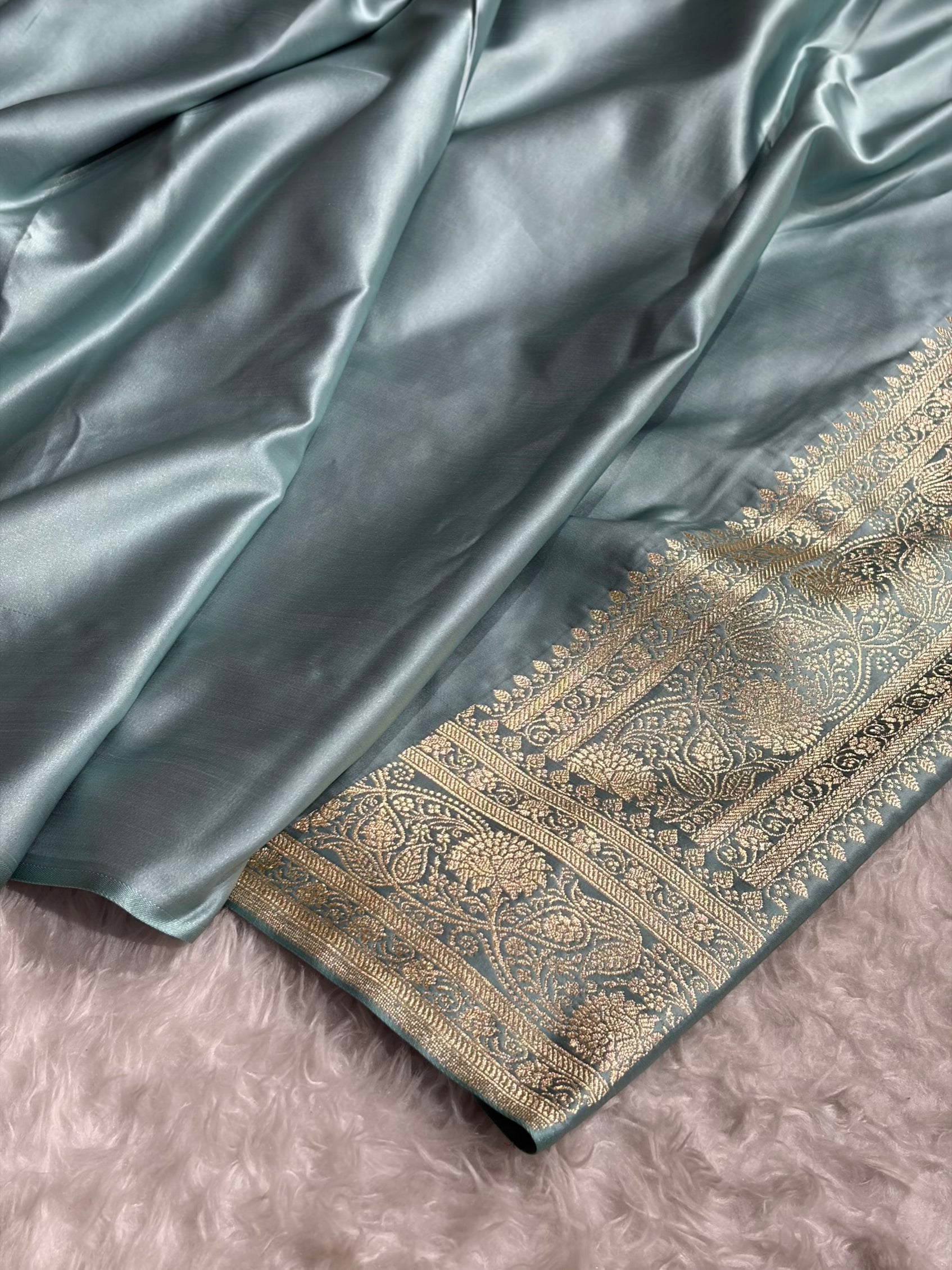 Turquoise Shades Floral Jaal Pattern Satin Katan Silk saree SK55