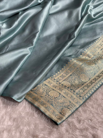 Turquoise Shades Floral Jaal Pattern Satin Katan Silk saree SK55