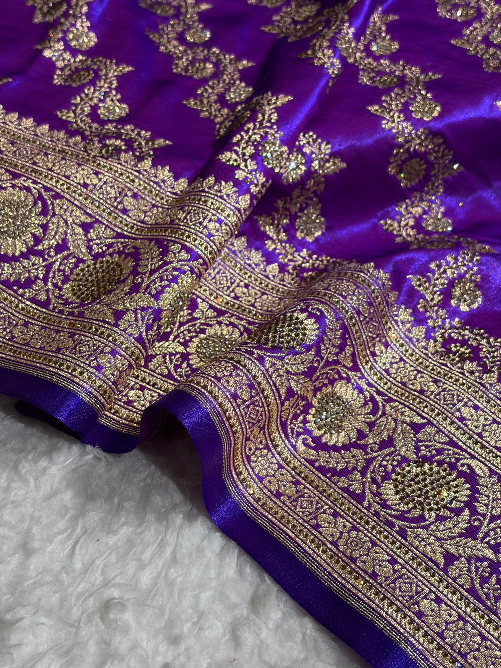 Banarasi Bridal Purple Shades With Swarovski Stone and White Stone Work Satin Silk Saree BSS32