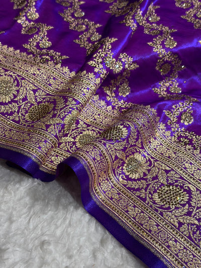 Banarasi Bridal Purple Shades With Swarovski Stone and White Stone Work Satin Silk Saree BSS32