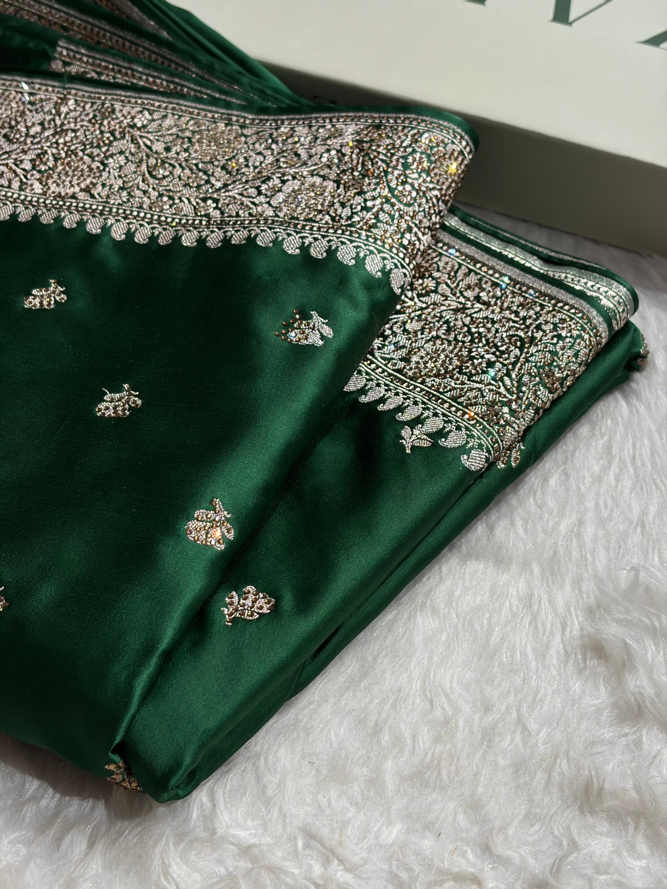 Bottle Green With Swarovski Work Booti Mashru Silk Saree BMS40