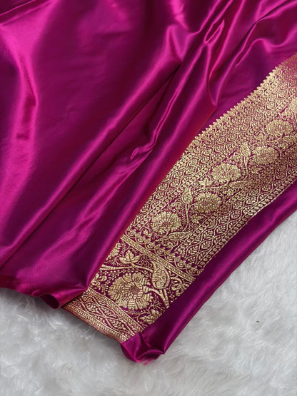 Magenta Floral Boota Pattern Satin Katan Silk Saree SK72