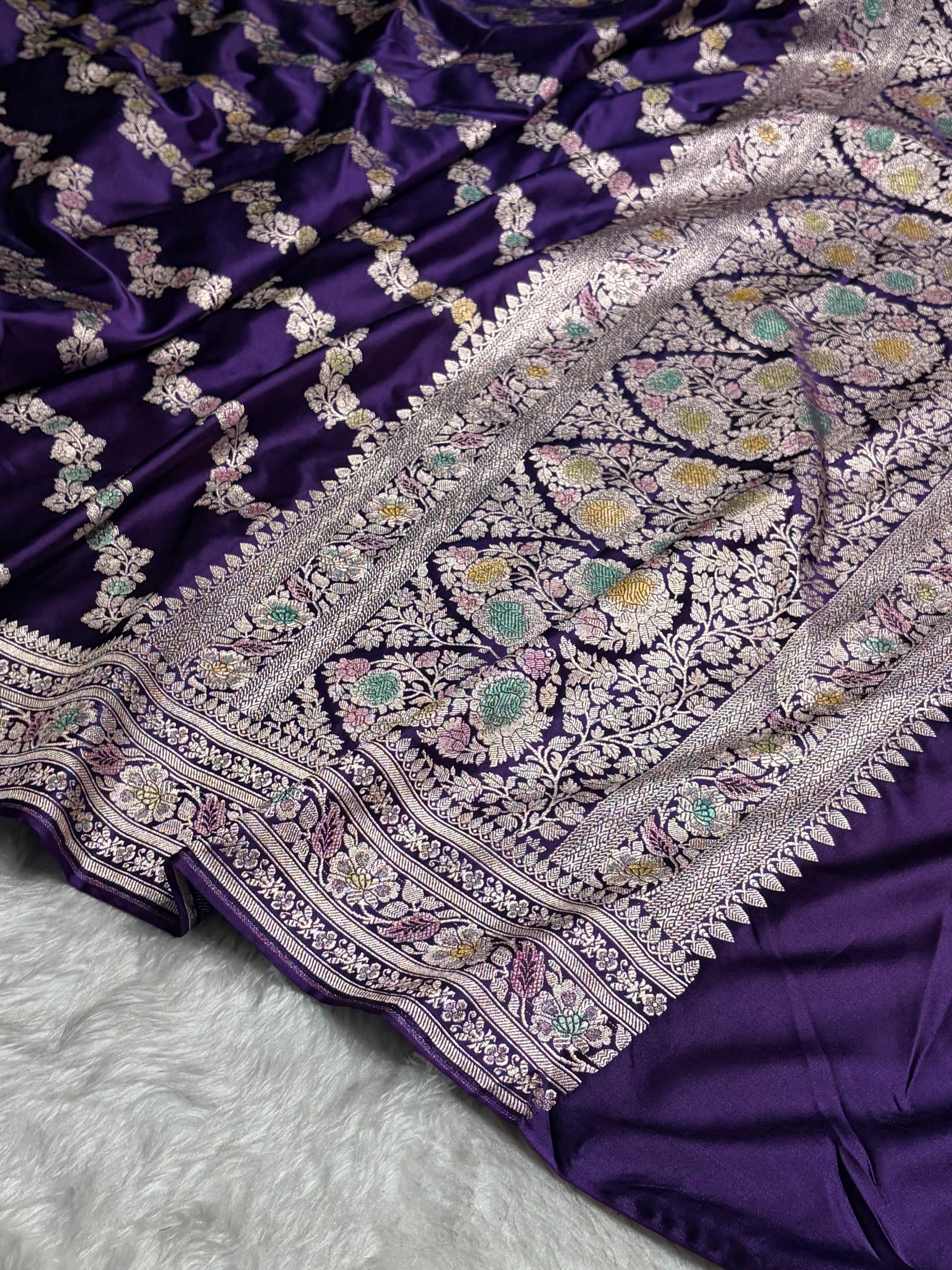 Purple Shades Banarasi Minakari Mashru Silk Saree With Cross Pattern MS02
