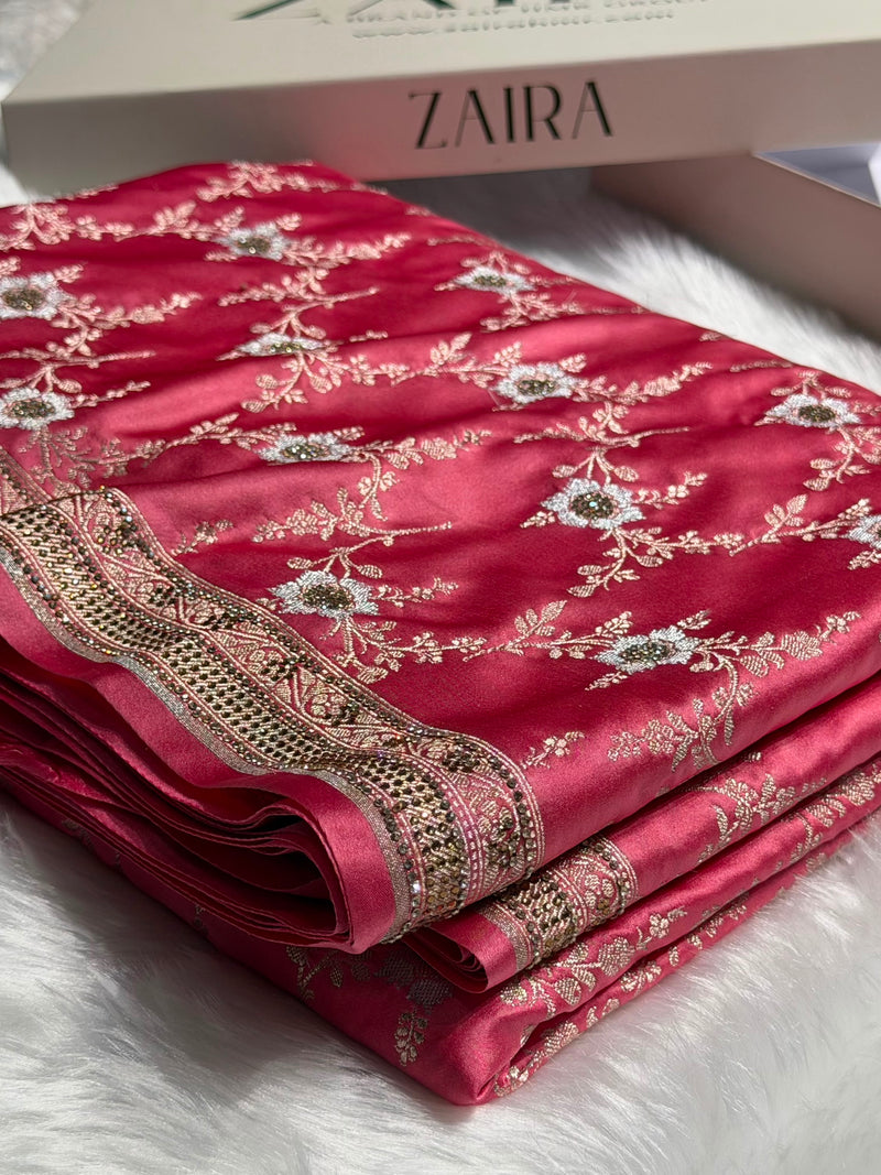 Peach Bananasi Jaal Mashru Silk Saree with Swarovski Work BMCS08