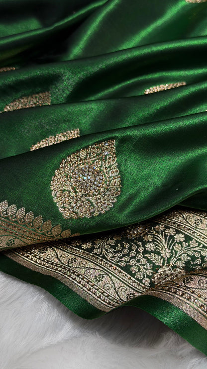 BottleGreen Shades Banarasi Satin Silk Boota with Swarovski Work