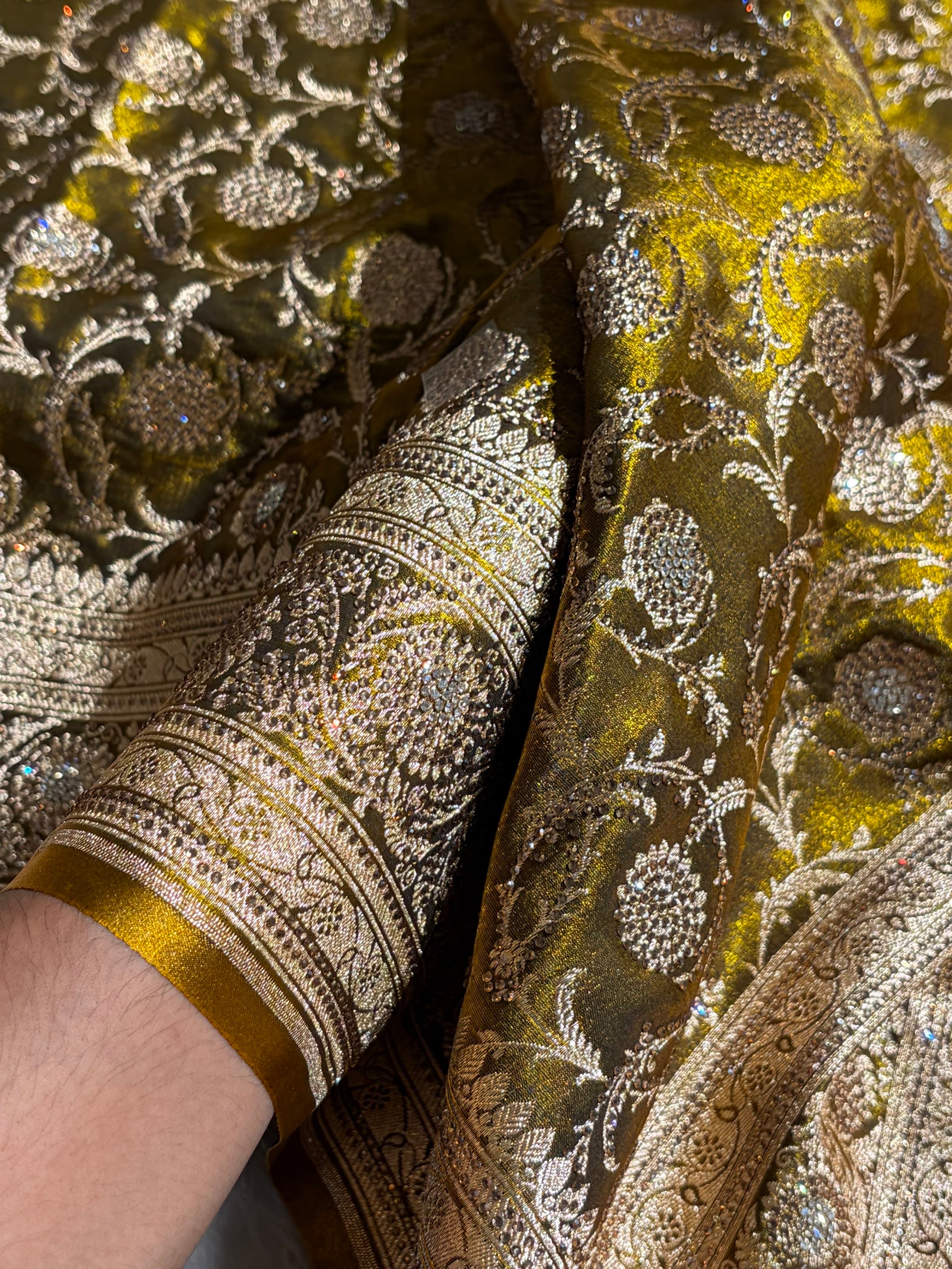 Ultra Light Weight Satin Silk Jaal With Swarovski Work in Mehendi Shades BSS13