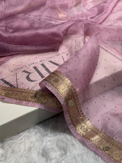 Dusty Lavender Shades Bananasi Birdal Pure Oragnza Saree with Swarovski Work and Brocade Blouse BPO-44