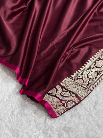 Banarasi Garnet Boota With Floral Border Mashru Silk Saree