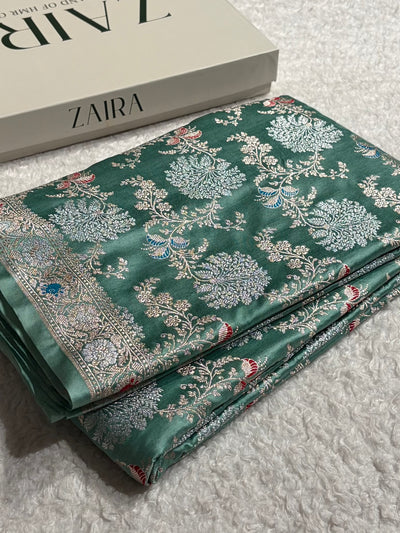 Banarasi Floral Minakari Jaal Pattern in Sea Green Shades Floral Mashru Silk Saree MCS100