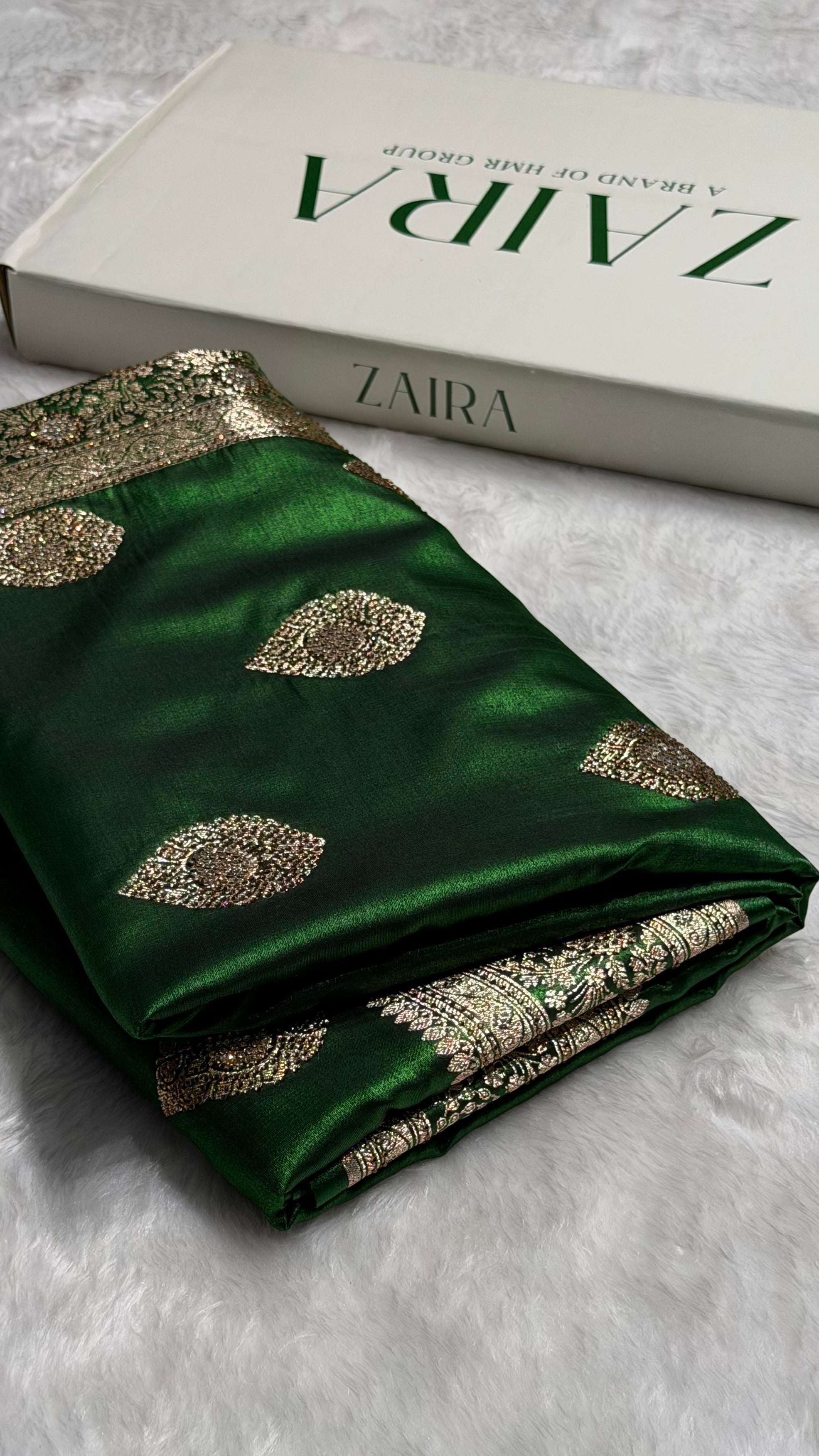 BottleGreen Shades Banarasi Satin Silk Boota with Swarovski Work