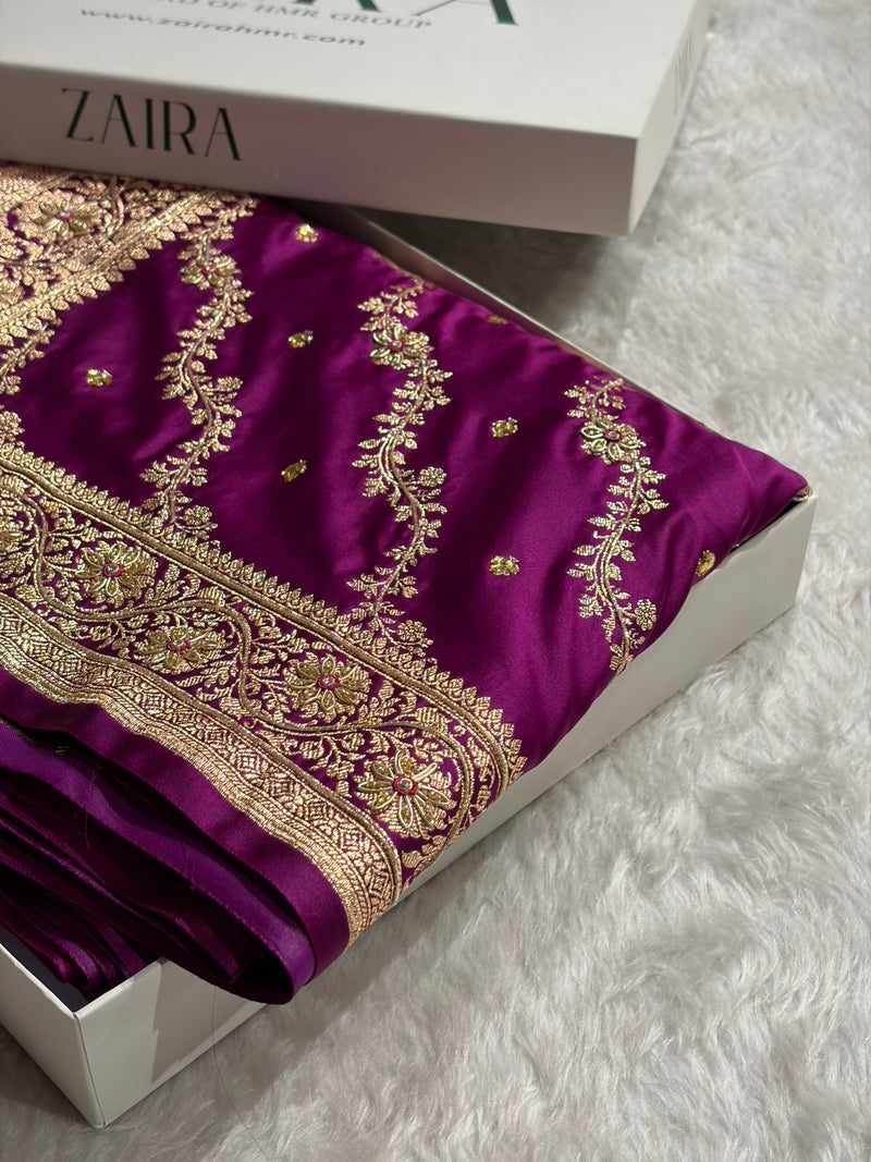 Banarasi Satin Katan Saree With Ari & Zardozi Work Boota in Wine Shades BSK108
