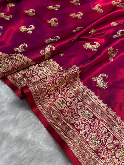 Satin Silk Saree Tredition Banarasi Swarovski Work Floral Boota in Reddish Purple Shades BSS27
