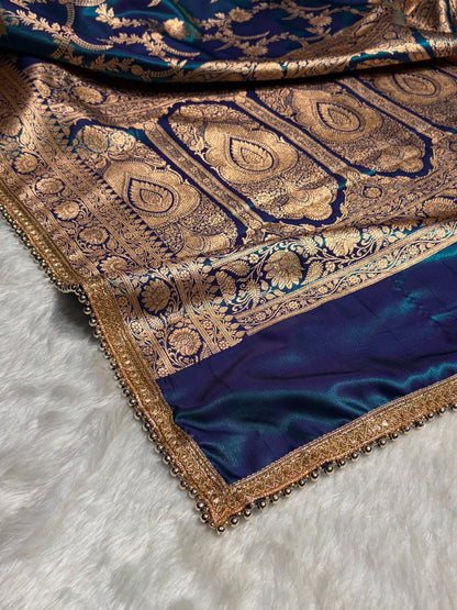 Satin Silk Banarasi Jaal In Peacock Shades With Gotta Patti  SSGP18