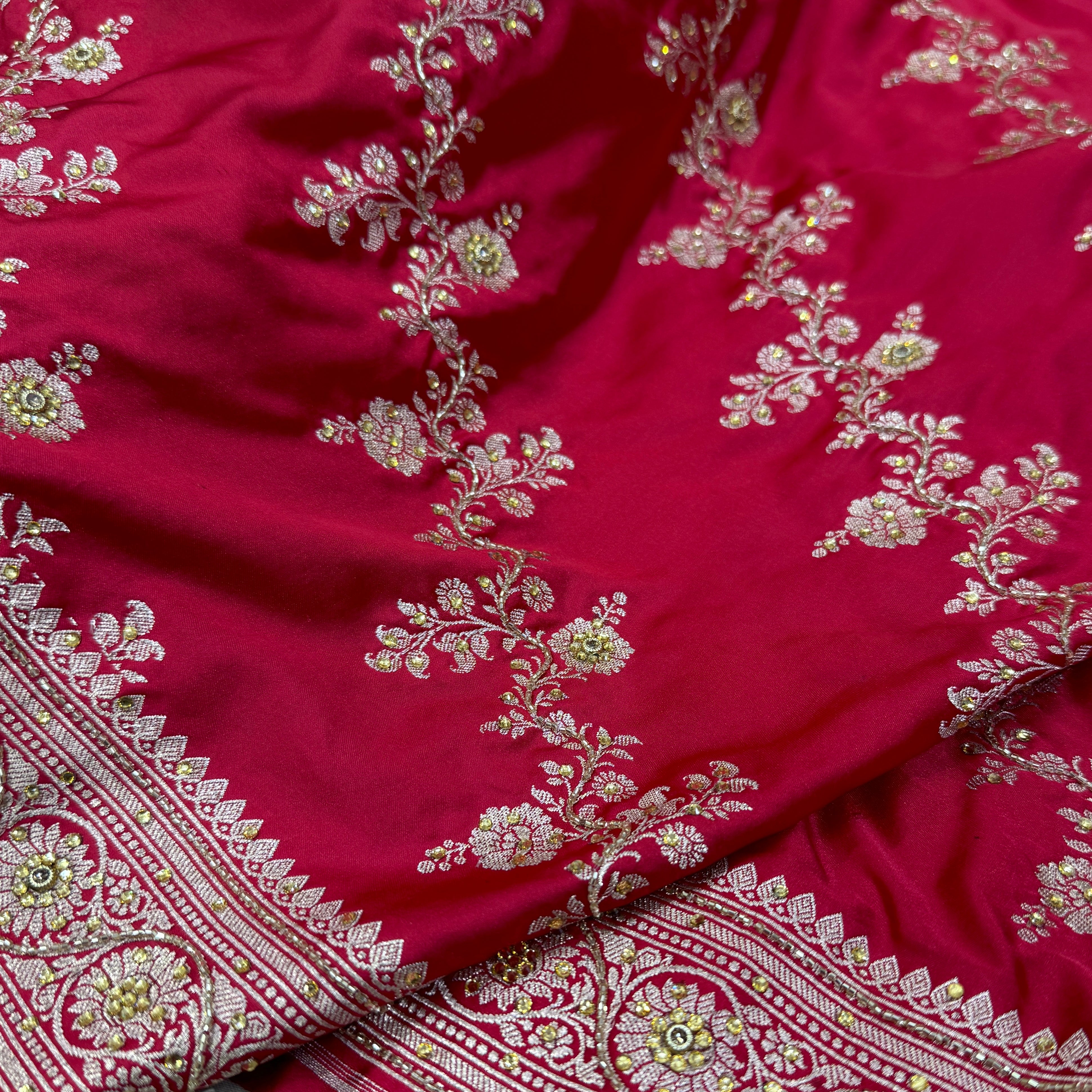 Strawberry Red Mashru Silk with Ari and Stone