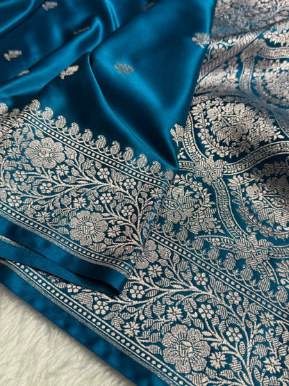 Dusty German Blue floral Booti Mashru Silk Saree
