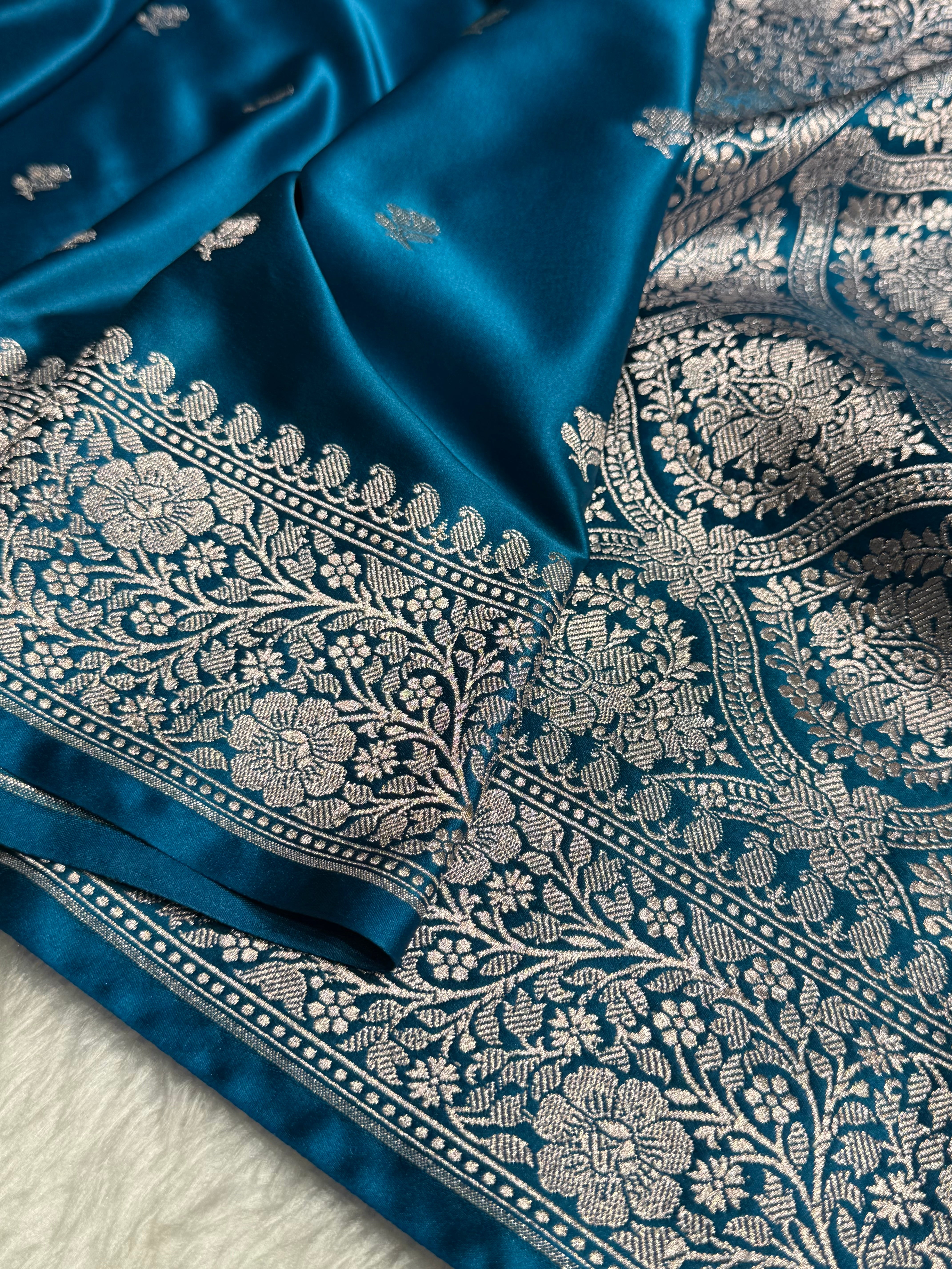 Dusty German Blue floral Booti Mashru Silk Saree