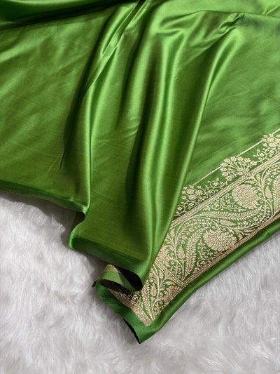 Banarasi Satin Katan Saree Jaal Pattern In Mahndi Green Shades SK133
