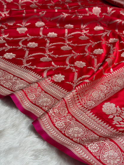 Red Jaal Pattern Satin Katan Silk Saree SK66