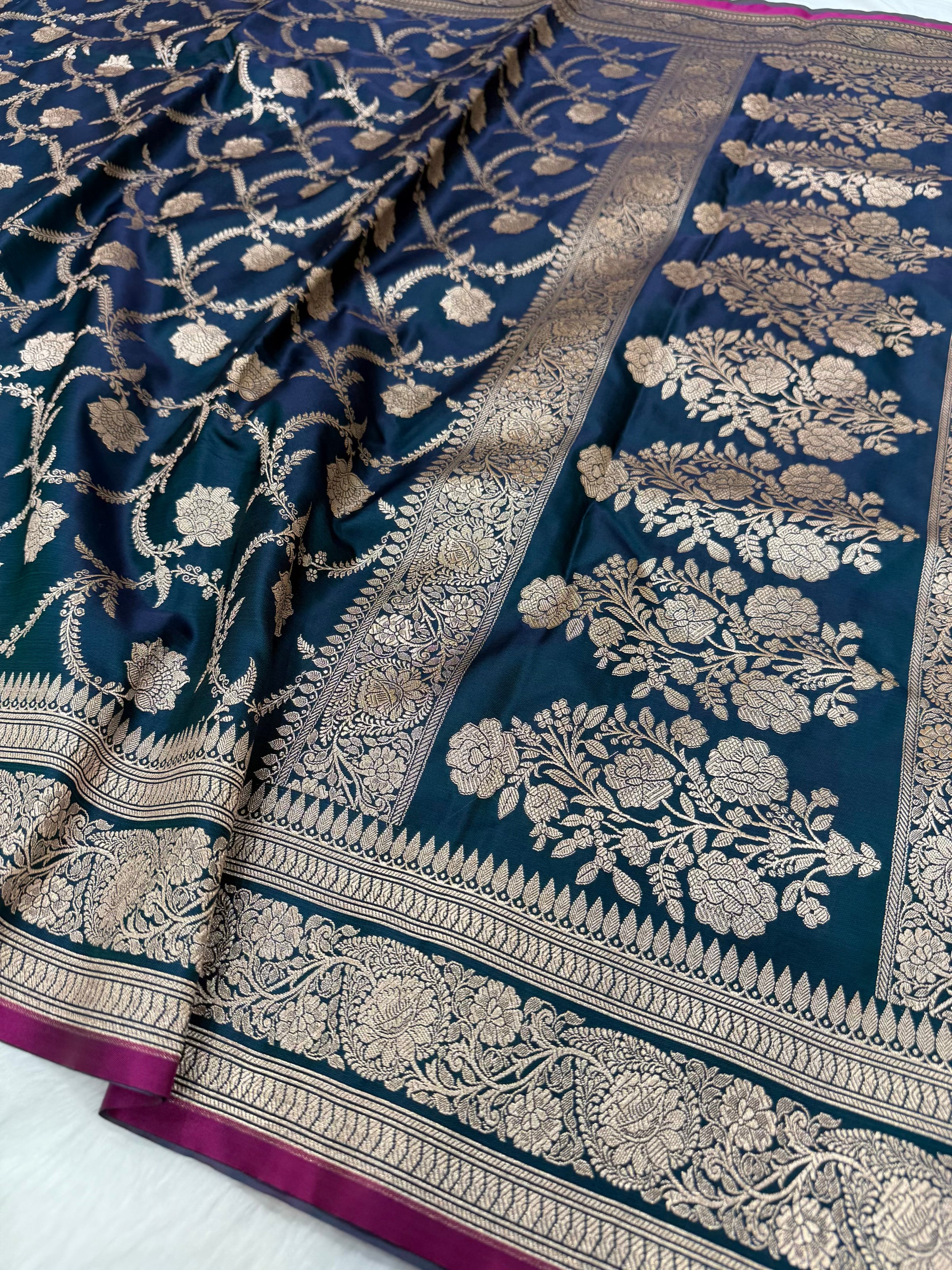 German Blue Jaal Pattern Mashru Silk Saree