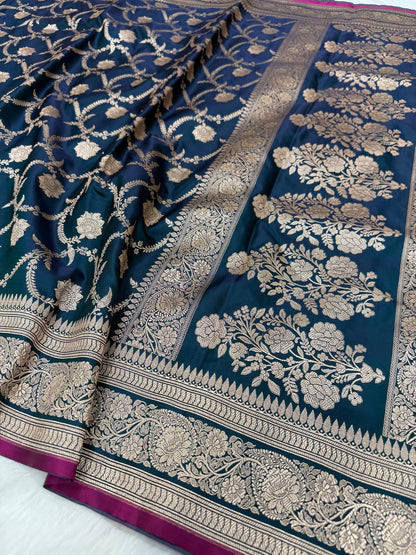 German Blue Jaal Pattern Mashru Silk Saree
