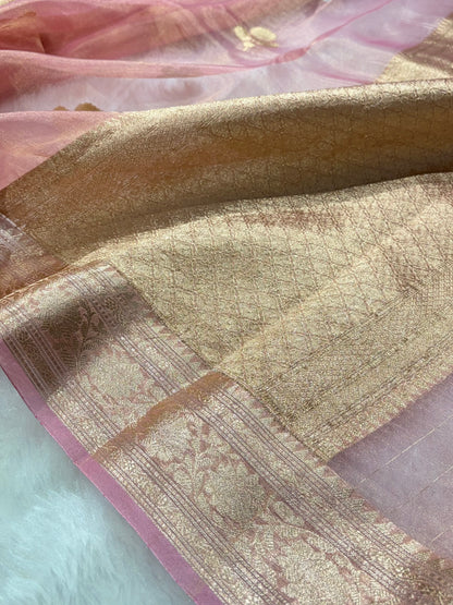 Pinkish Peach Bananasi Floral Shades Pure Tissue Silk Saree PT-49