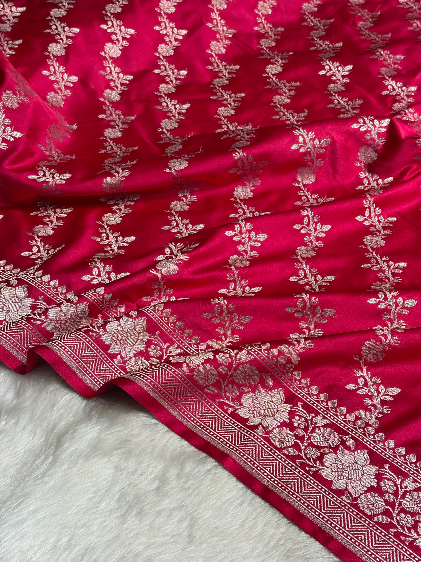 Ruby Pink Shades Banarasi Cross Jaal Mashru Silk Saree MS18