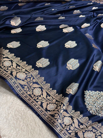 German Blue Shades Banarasi Boota Pattern Minakari Floral Mashru Silk Saree MSM-122