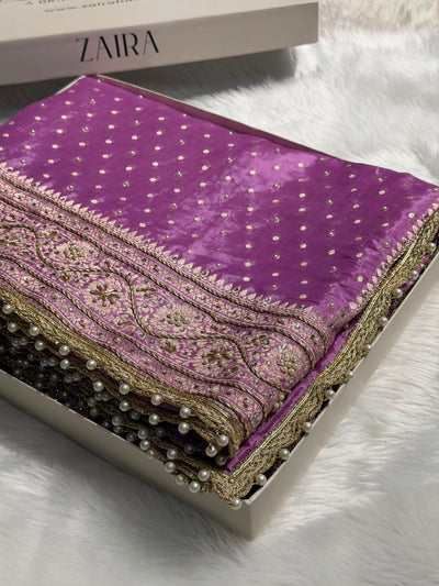 Lavender Shades Border Crepe Silky Katan With Ari Zardozi & Gotta Patti Work  Banarasi Saree BCSKGP-06