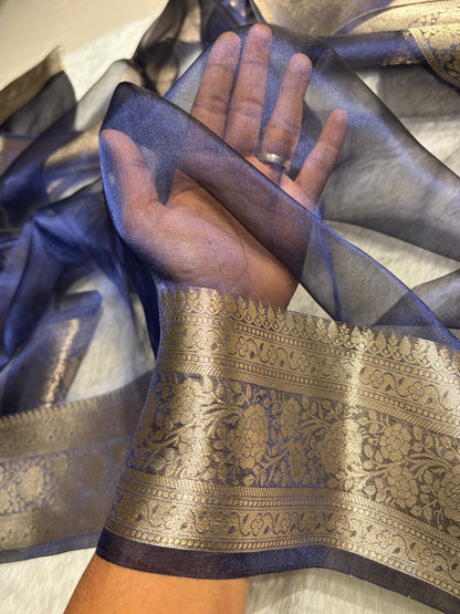 Navy Blue Shades Pure Tissue Silk Saree with Brocade Blouse PT-08