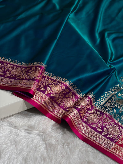 Banarasi Satin Katan Saree Floral Booti Pattern in Contrast Dark Rama / Rani Shades SK149