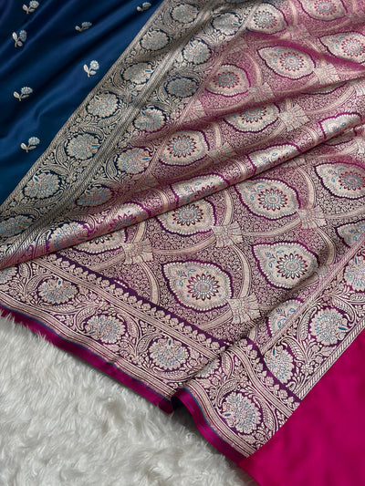 German Blue / Rani Shades Banarasi Booti Pattern Mashru Silk Saree MSM-137