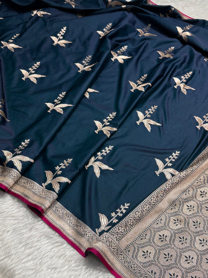 Teal Floral Motif Mashru Silk Saree
