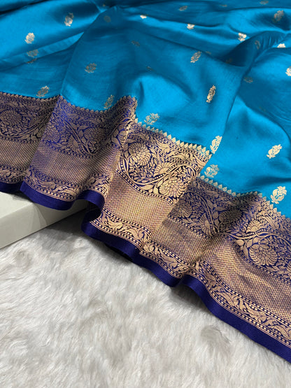 Contrast Firozi with Purple Shades Handwoven Pure Raw Mango Silk RM-56