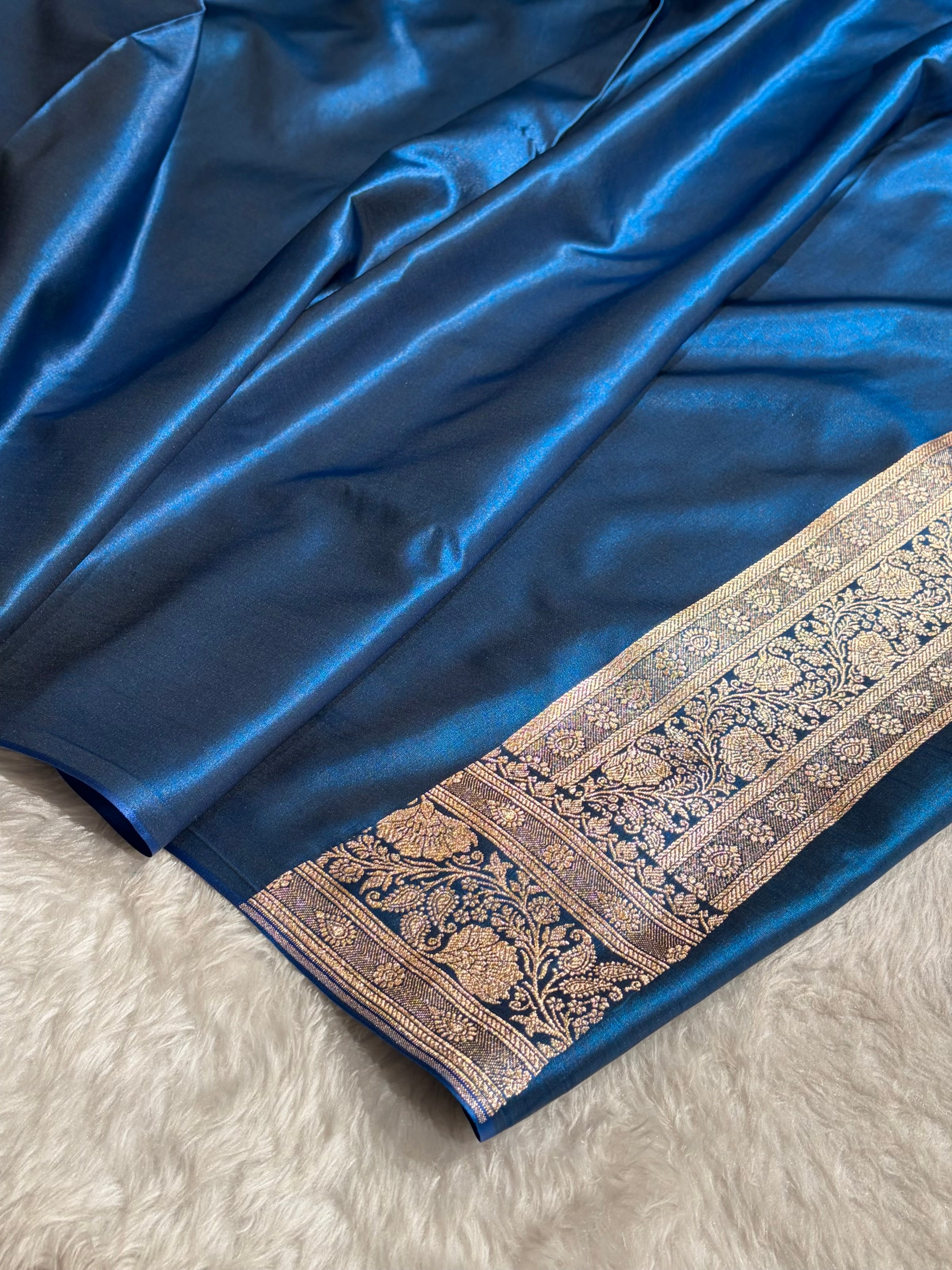 German Blue Shades Jaal Pattern Banarasi Satin Silk Saree SS49