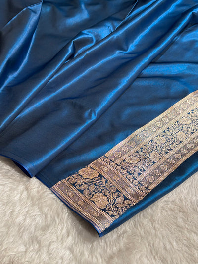 German Blue Shades Jaal Pattern Banarasi Satin Silk Saree SS49