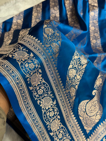 Dark Firozi Shades Banarasi Cross Pattern Floral Mashru Silk Saree MSM-102