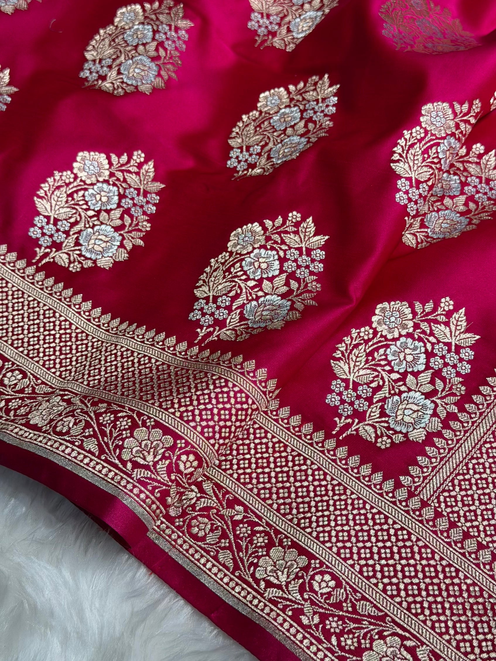 Premium Banarasi Satin Katan Saree With Minakari Boota in Rani Shades SK93