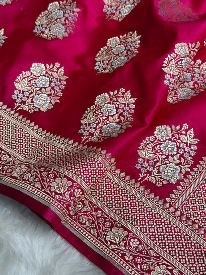 Premium Banarasi Satin Katan Saree With Minakari Boota in Rani Shades SK93