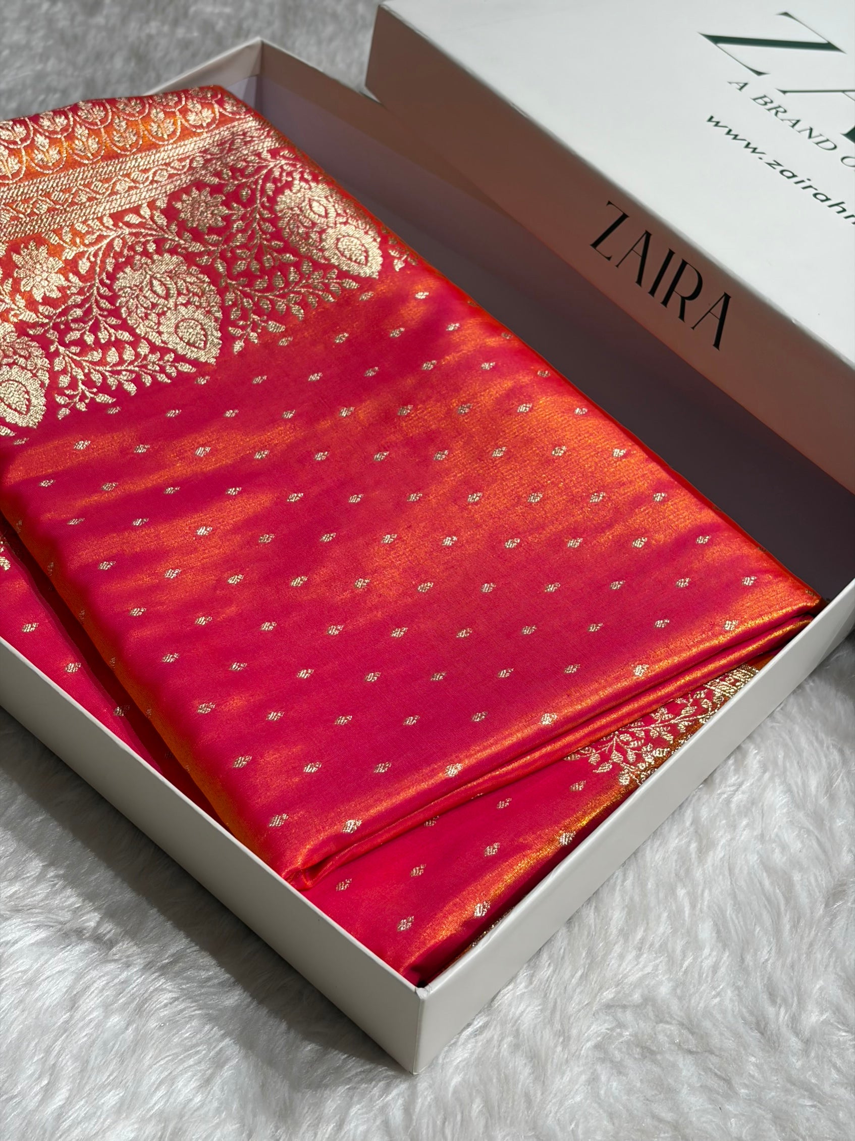 Satin Silk Saree Floral Boota in Pinkish Orange Shades SS28